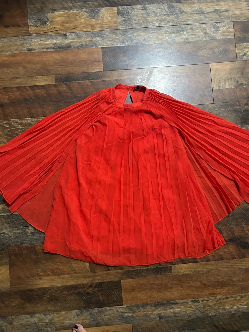 Red Pleated Mini Dress with Cape Sleeves